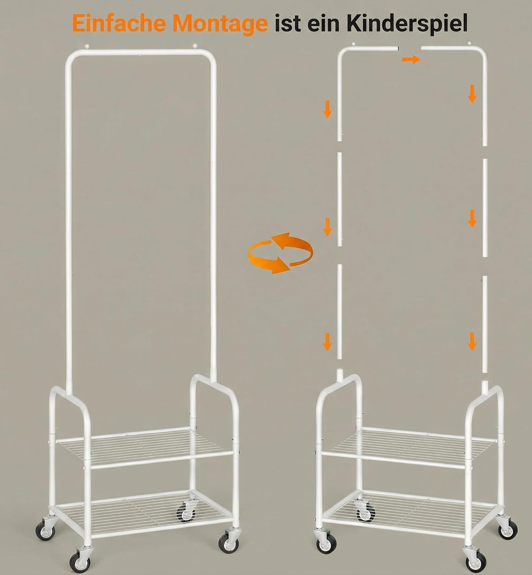 MISSLO Klein Kleiderstange mit Aufbewahrungsgitter, Stabil Kleiderständer auf Rollen, Schmal Metall