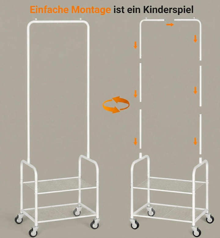 MISSLO Klein Kleiderstange mit Aufbewahrungsgitter, Stabil Kleiderständer auf Rollen, Schmal Metall
