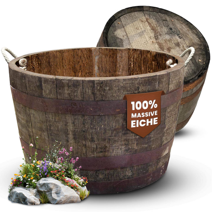 Halbes Fass aus original schottischen Whiskyfass rund (Natur - mit Schlaufen und Ablaufbohrungen)
