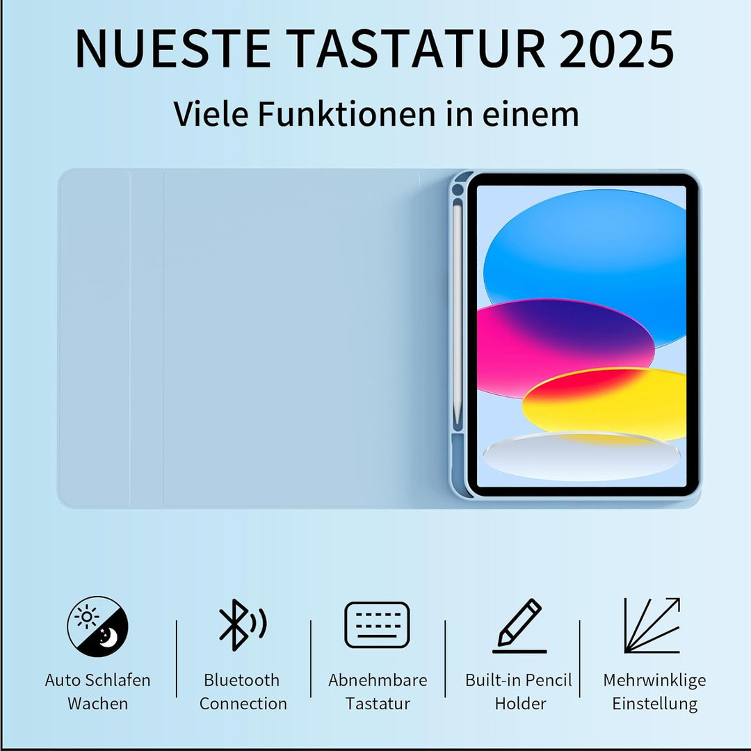 Hülle mit Tastatur für iPad A16 11 Generation 2025/10 Generation 2022 (11/10.9 Zoll), QWERTZ Layout,