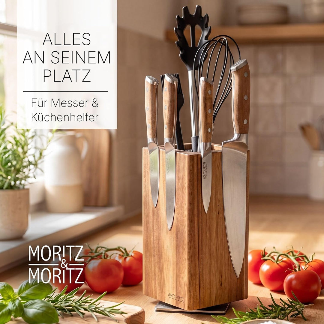 Moritz & Moritz Messerblock Akazie drehbar 360° - Messerhalter Magnetisch mit Drehfuss & herausnehmb