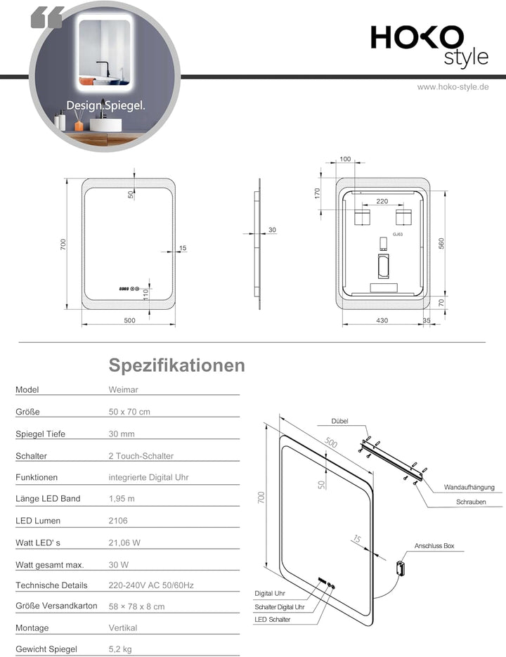 HOKO® LED Badspiegel 50x70 cm Weimar. Moderner Lichtspiegel fürs Bad mit Uhr und mit Touch Schalter