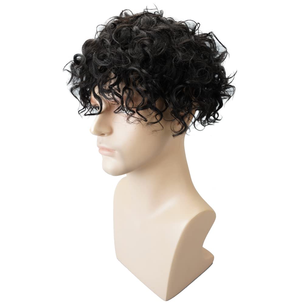 Lordhair Lockige Toupet für Männer, Echthaar-Toupet, Haarersatzsystem(Off Schwarz 1B