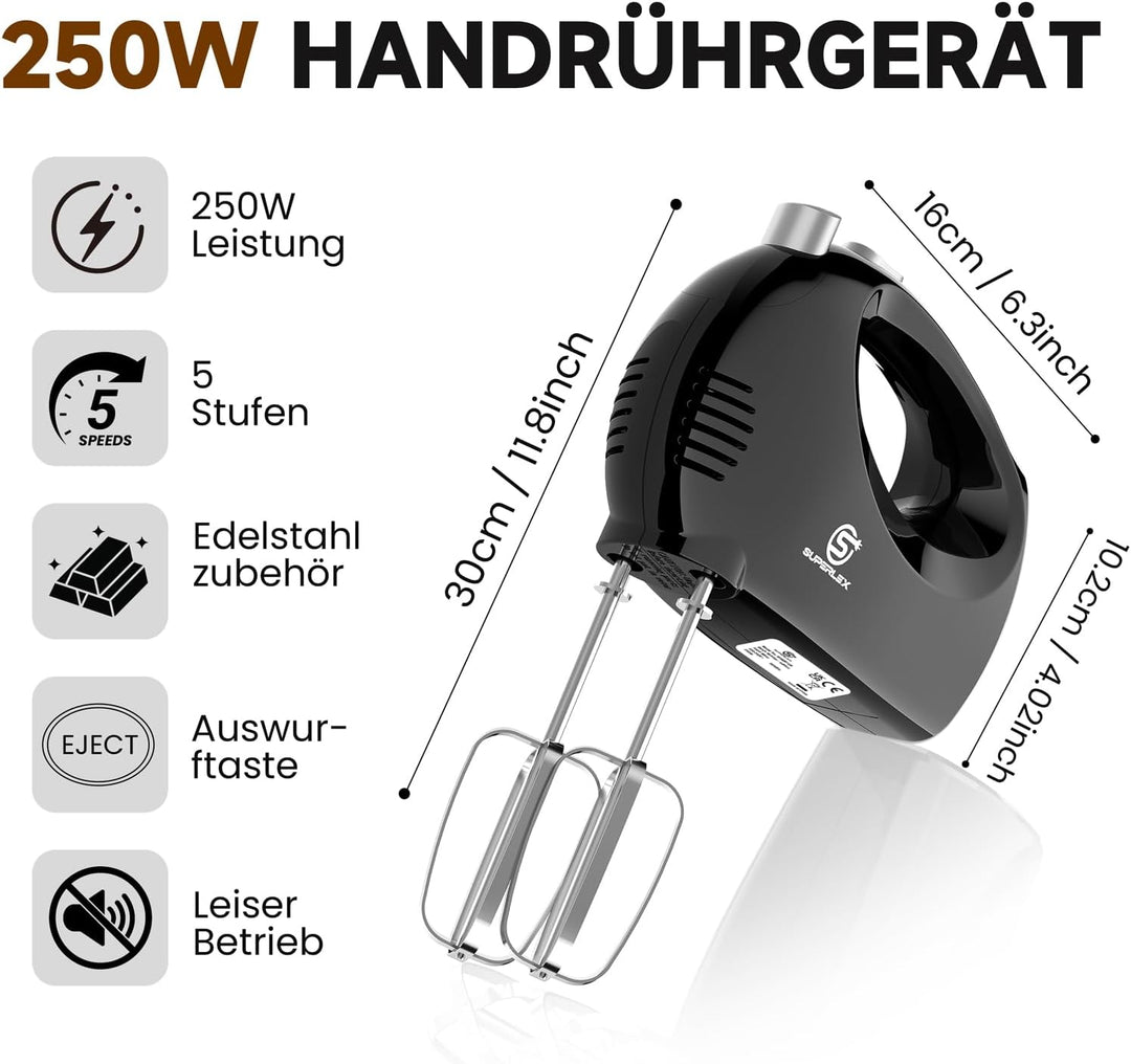 Handmixer 250W Handrührgerät 5 Geschwindigkeiten Mit 2 Edelstahl Rührbesen Ergonomischer Griff Ein K
