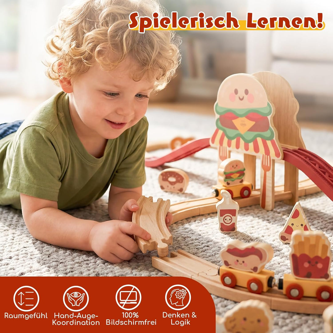 Lehoo Castle Holzeisenbahn Set, Hamburger Holz Eisenbahn Kinder mit Pizza, Burger, Pommes & Zubehör,