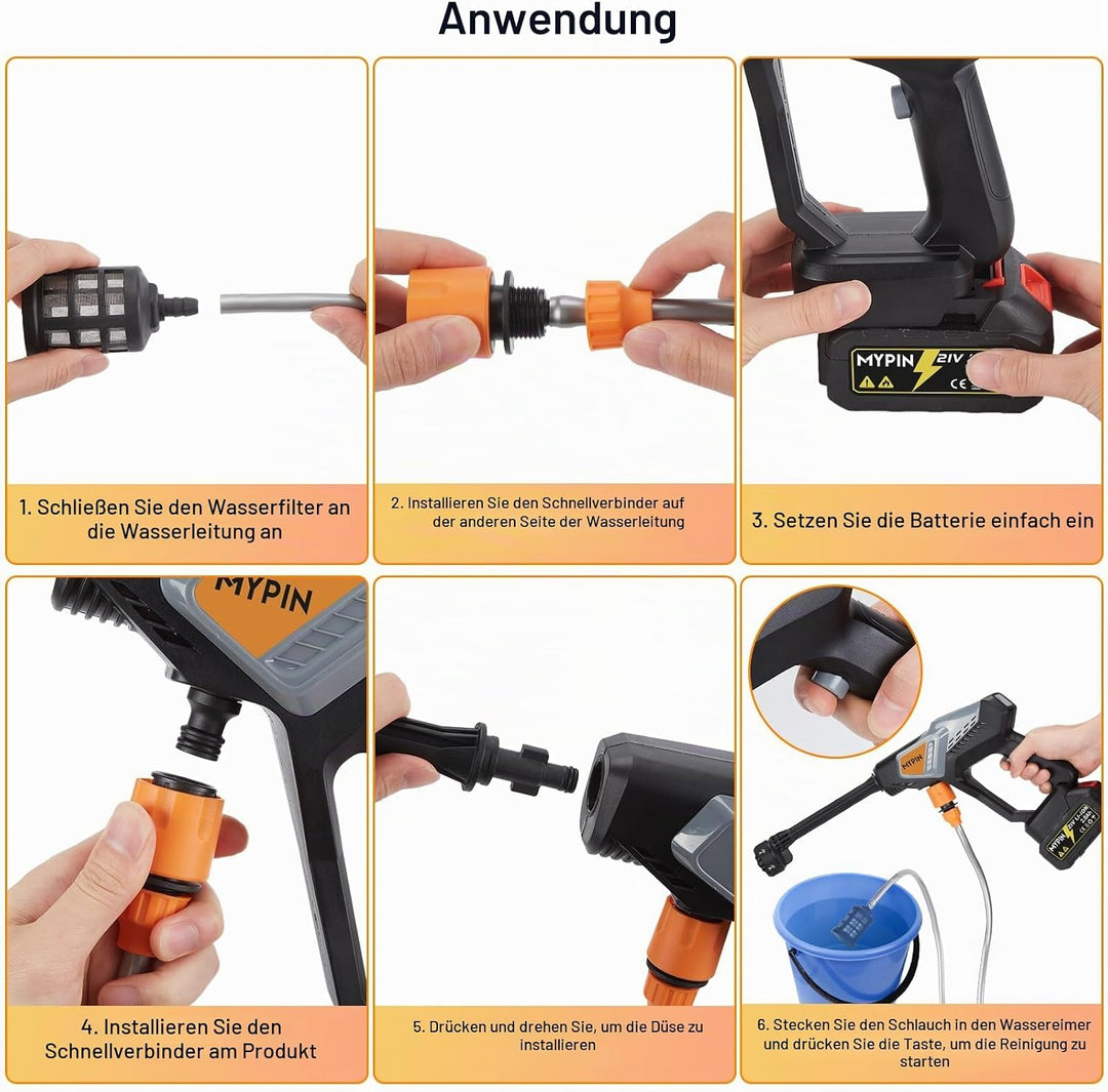 MYPIN Tragbarer Kabelloser Hochdruckreiniger, 600 PSI 21V Akku-Hochdruckreiniger, 6-in-1-Düse mit 2