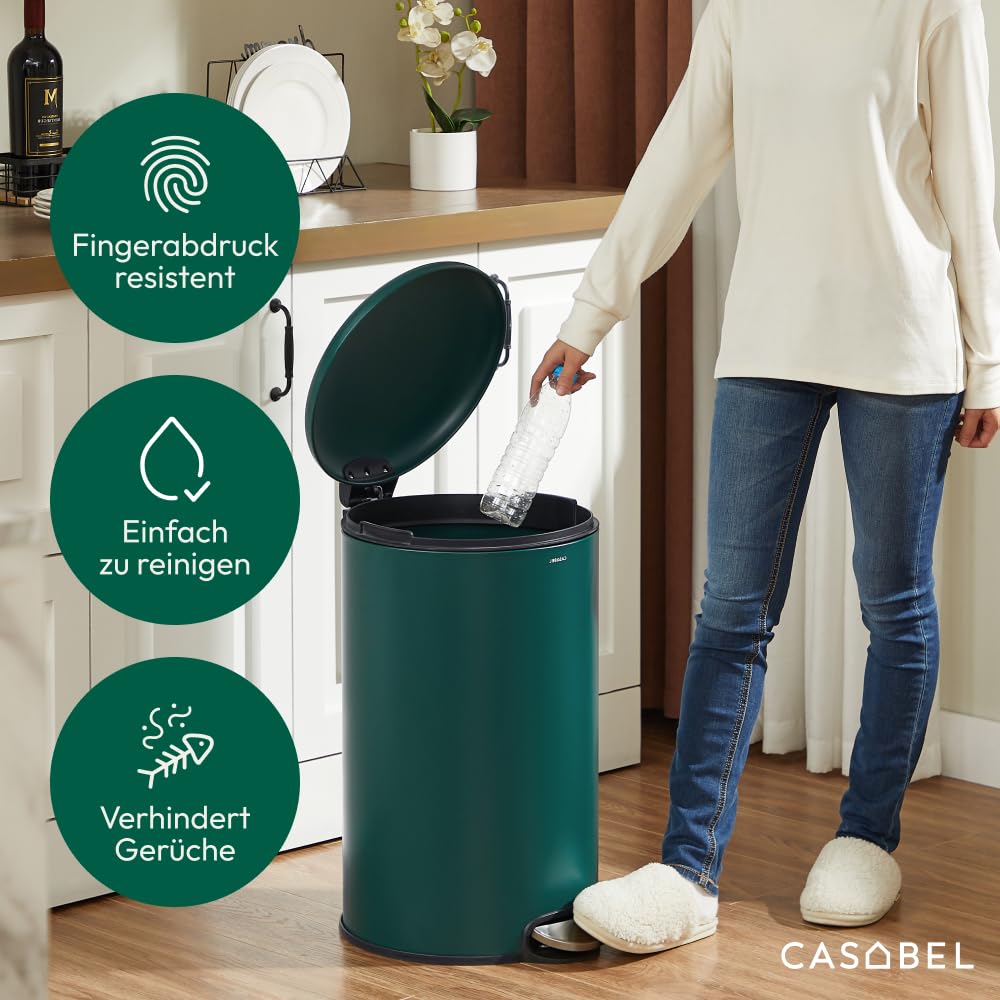 CASABEL Mülleimer Küche 50L, 100% Edelstahl, Resistent gegen Fingerabdrücke, Runder Treteimer mit Fu