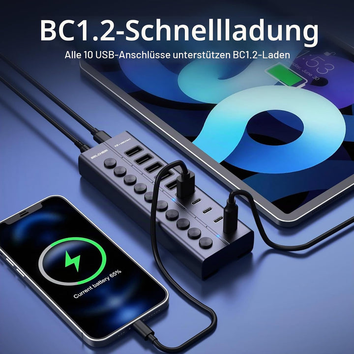 USB Hub mit Netzteil, 10-Port USB 3.2 Gen 2 10Gbit/s Aktiv Hub, Vollaluminium mit 60W (12V 5A) Power