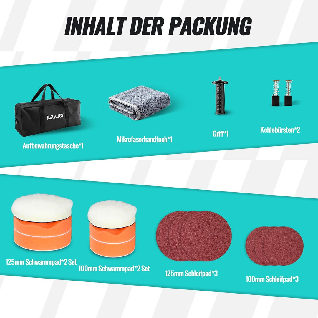 Mini Poliermaschine Auto, AUTIWOZ 630W Polierer mit 6 Variable Geschwindigkeit 2500-4500 RPM, Seiten
