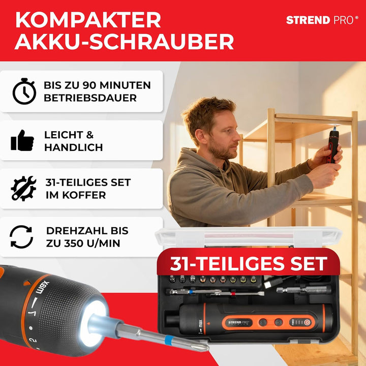 STREND PRO Akkuschrauber klein | Mini Akkuschrauber Set 31-teilig im Koffer | elektrischer Schrauben