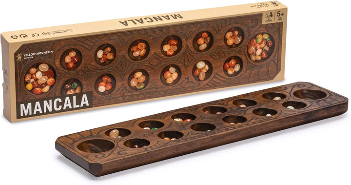 Yellow Mountain Imports Mancala-Set mit 44 Zentimeter Massivholzbrett und Quarzkiesel-Spielsteinen –