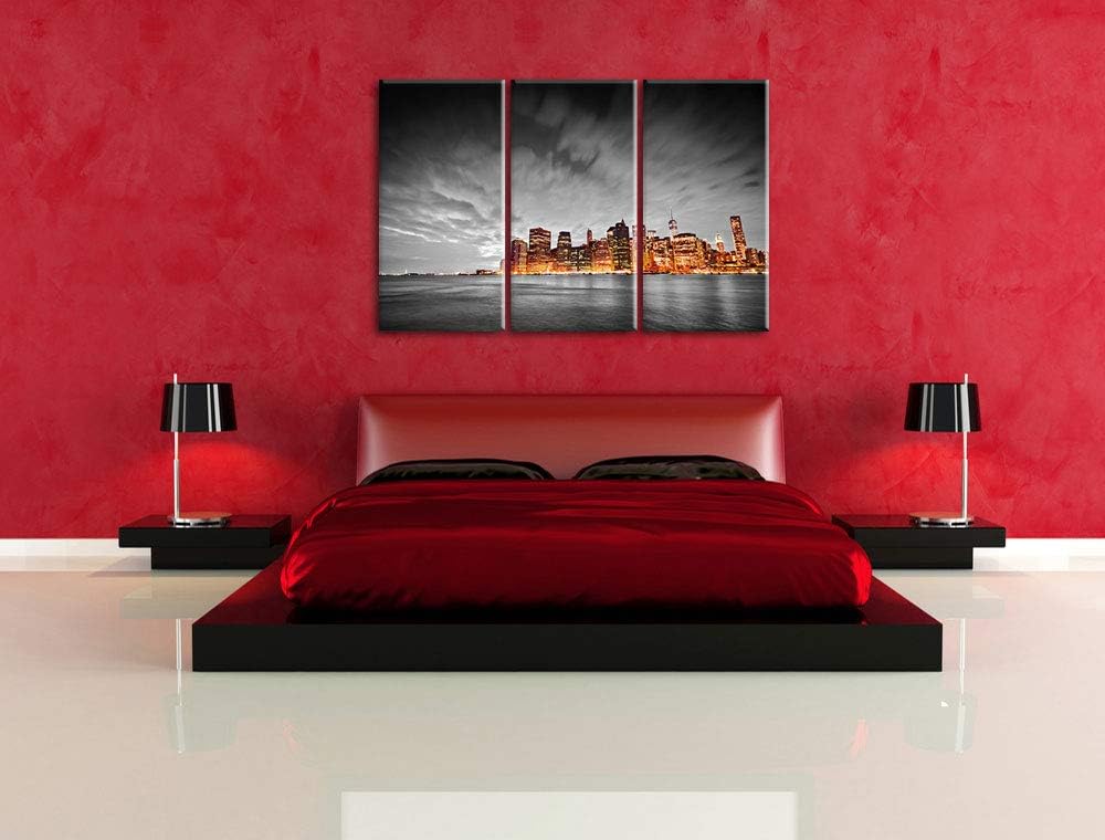Skyline von New York bei Nacht schwarz/weiss 3-Teiler Leinwandbild 120x80 Bild auf Leinwand, XXL rie
