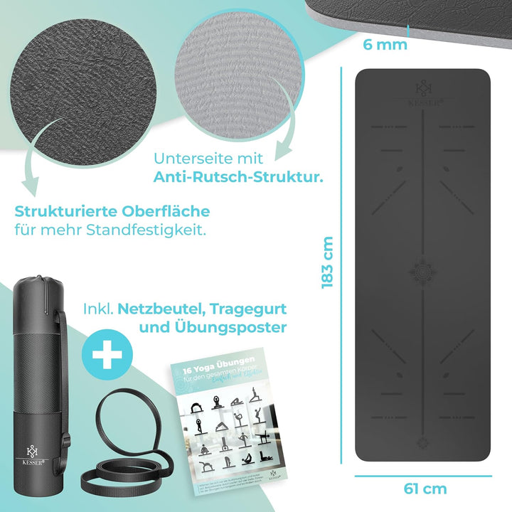 KESSER® Gymnastikmatte mit Tragegurt rutschfest TPE Yogamatte Gepolstert & rutschfest Fitnessmatte,