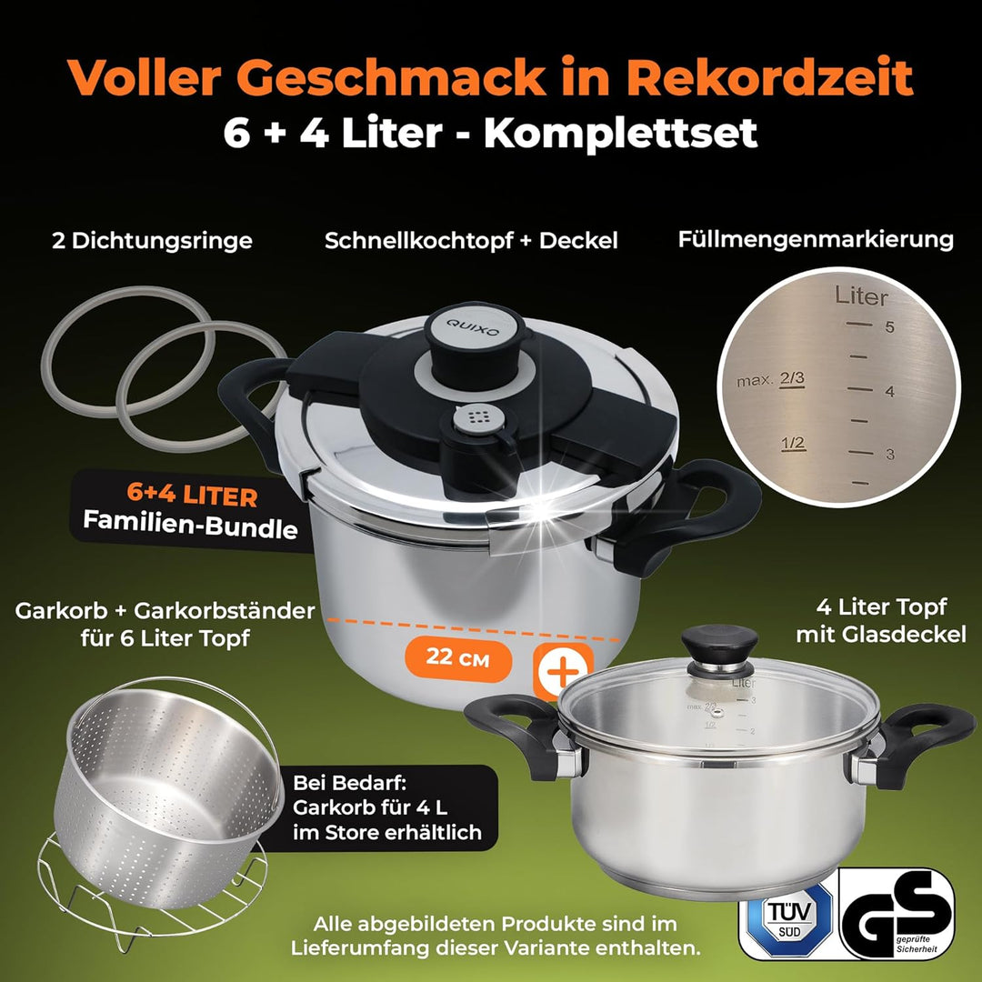 QUIXO Schnellkochtopf Set 6L + 4L VitaSmart mit Garkorb + Glasdeckel + Kochzeitsignal für alle Herda