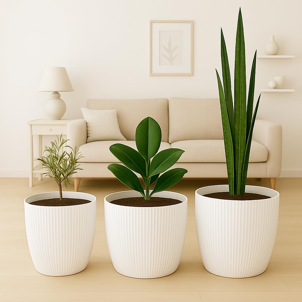 Home Garden Ornaments Blumentopf Set 3er – Kunststoff Übertopf, geriffeltes Design, modern & dekorat