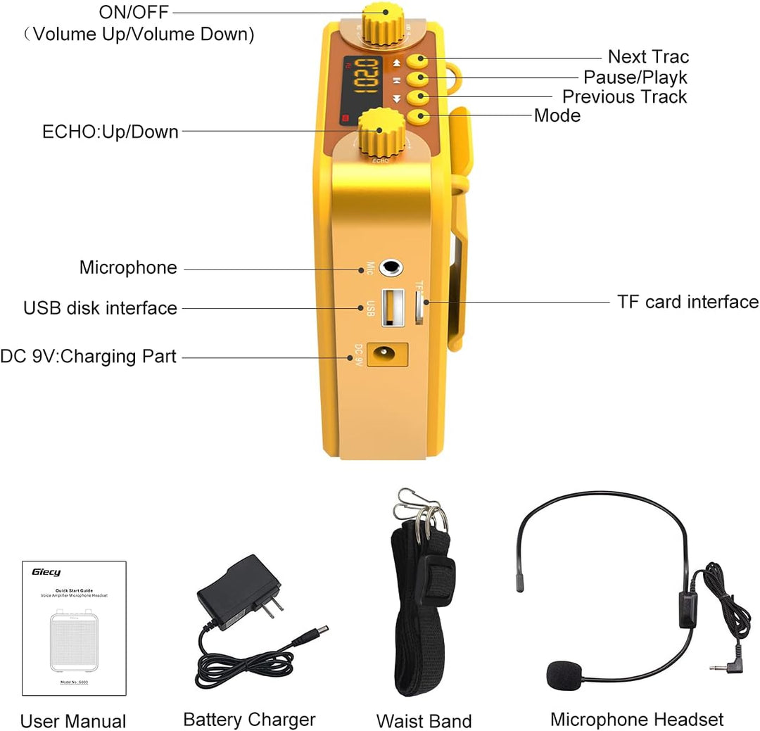 Giecy Sprachverstärker mit mikrofon Tragbares PA-System 30W Wiederaufladbarer 2200mAh Akku für Lehre