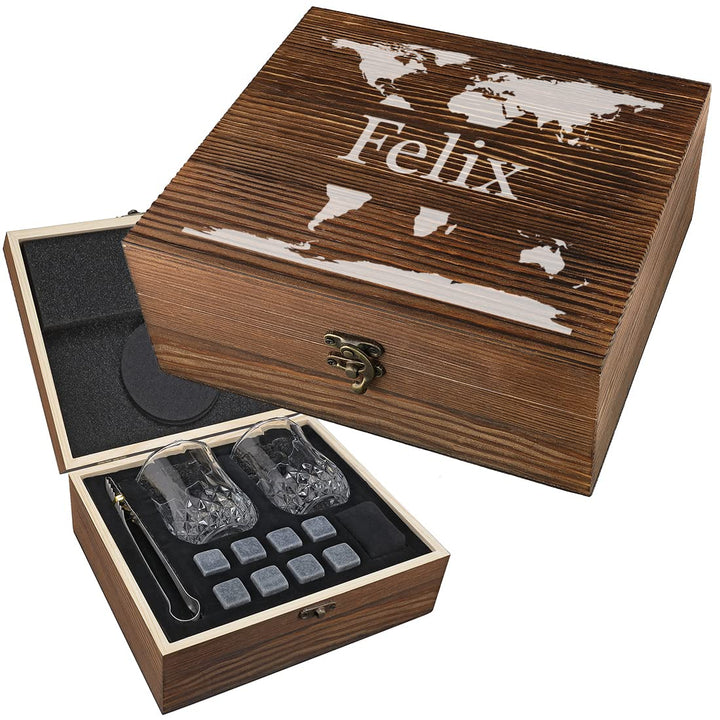 7-TLG Whisky Steine Set mit Wunschgravur - Motiv: Weltkarte - personalisierte Kiste - 2X Tumbler, 9X