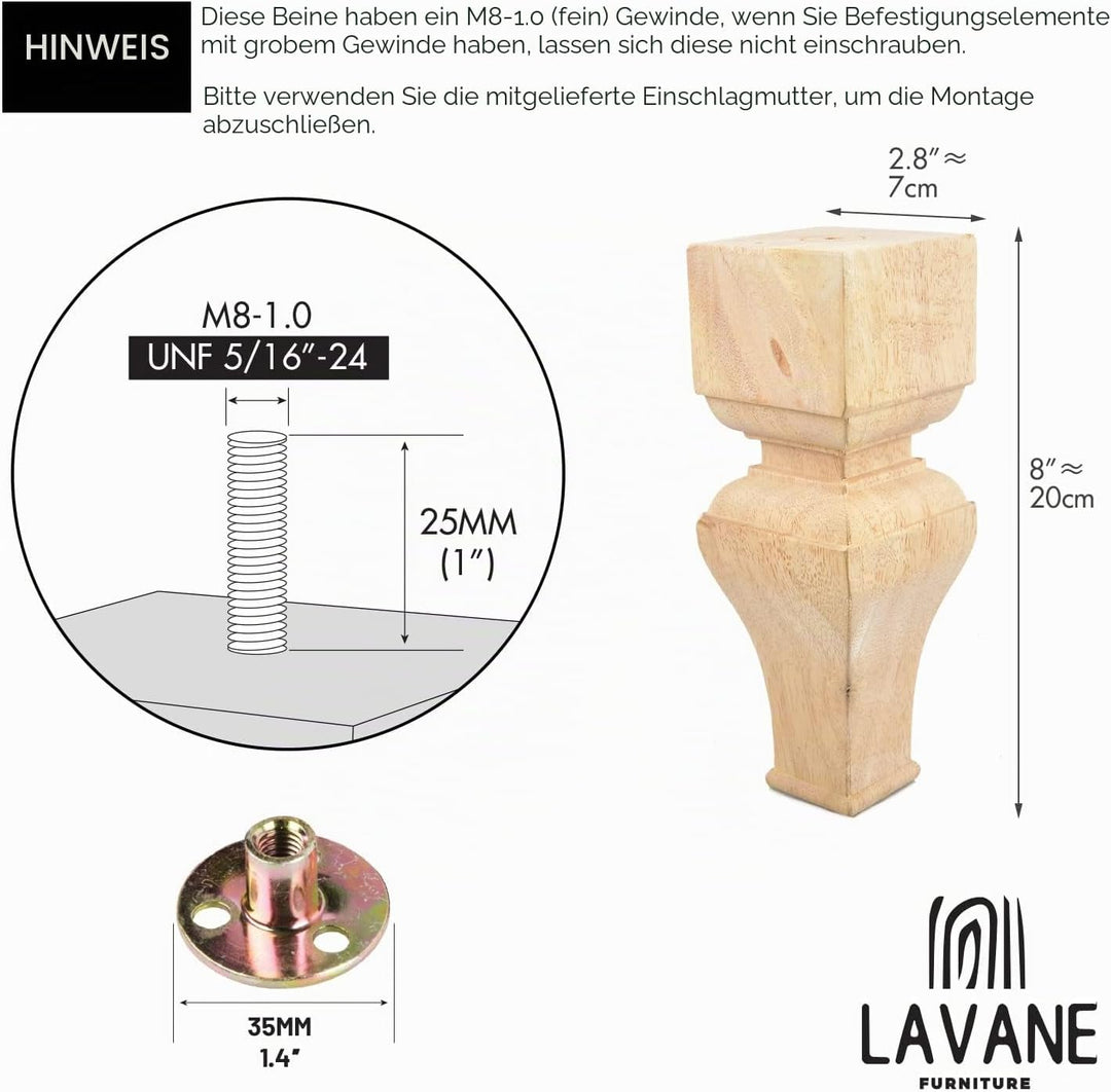 La Vane Möbelbeine aus Holz, geschnitzte Geometrie, unlackierte Ersatzfüsse mit Montageplatte und Sc