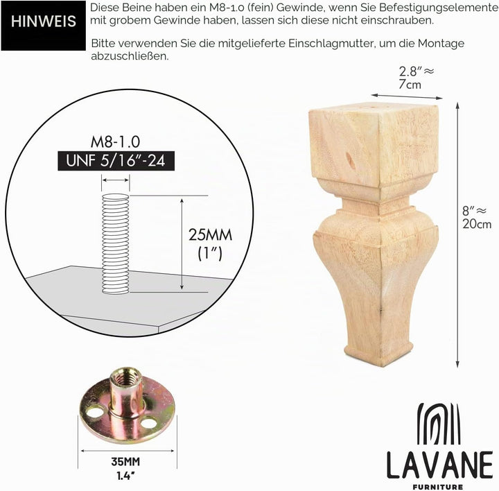 La Vane Möbelbeine aus Holz, geschnitzte Geometrie, unlackierte Ersatzfüsse mit Montageplatte und Sc