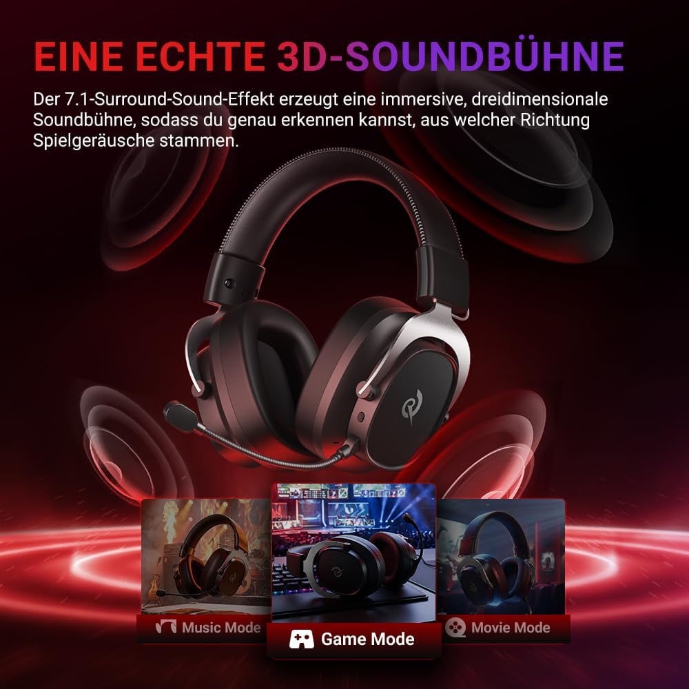 QCY Heroad VT200 Gaming Headset Wireless,2.4Ghz kabellos Headset Mit Mikrofon,7.1 Surround Sound,Blu