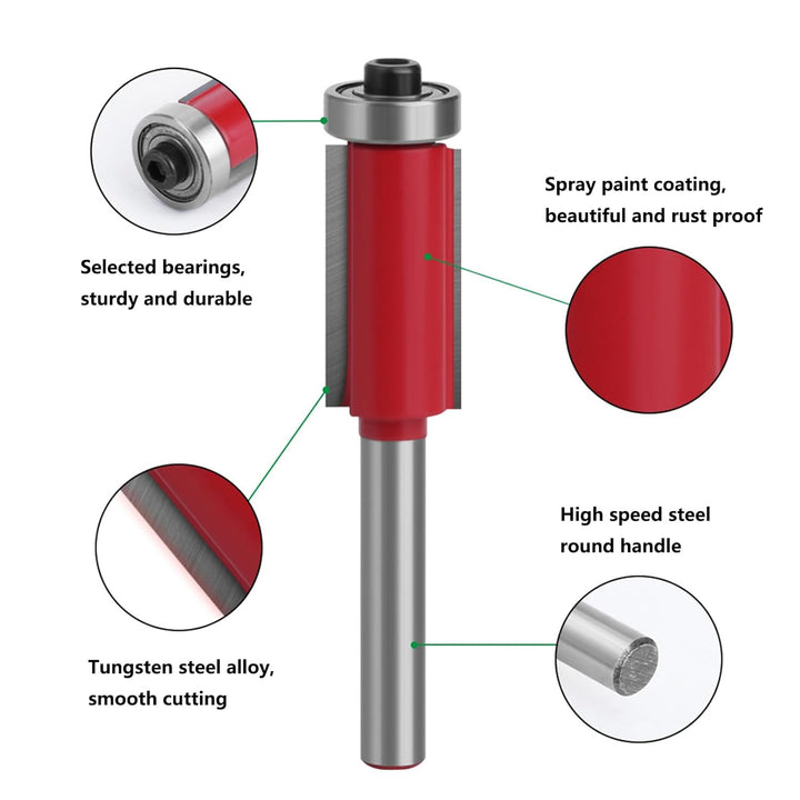 4 Stück Bündigfräser 6mm Schaft, Bündigfräser Fräser Set, Doppelseitiger Fräser mit Lagern, Holzschn