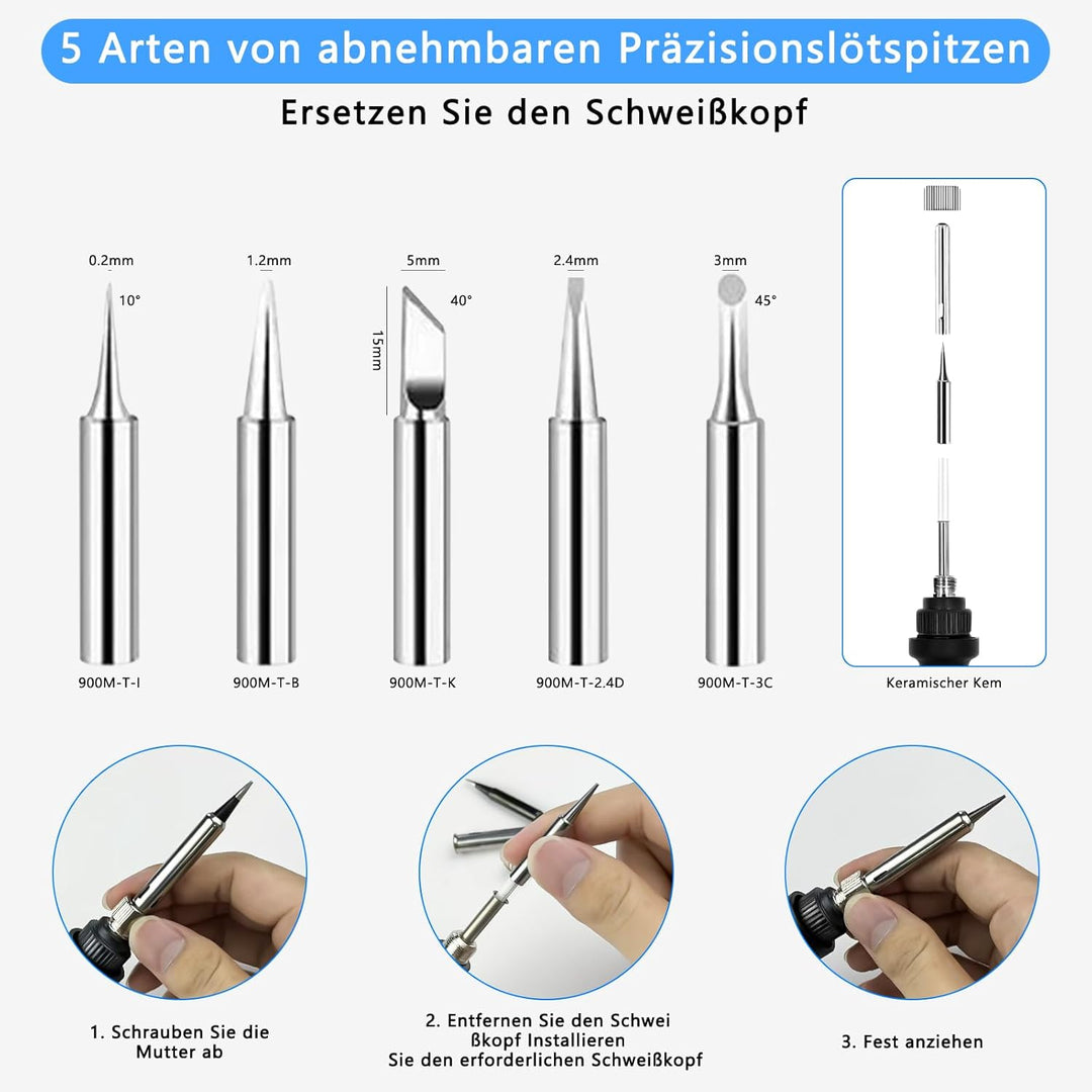 Lötkolben set,Lötkolben-Kit 80W Einstellbar Temperatur (180℃-500℃), enthält 1 Lötkolbens mit Ein/Aus