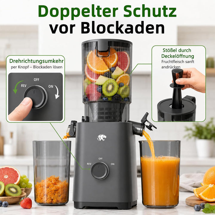 Entsafter Slow Juicer mit 120mm breitem Einfüllstutzen – Kaltpress-Entsafter für Obst und Gemüse mit