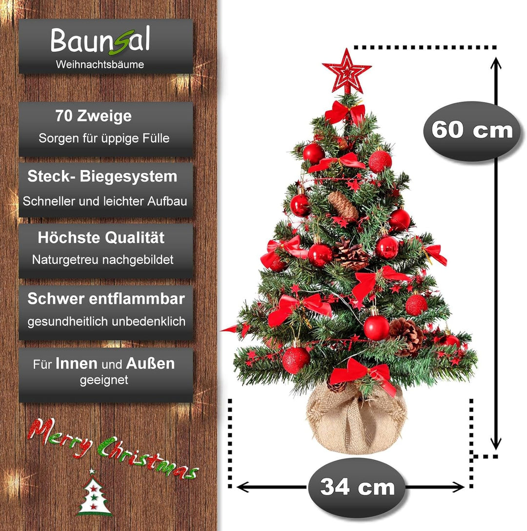 Weihnachtsbaum künstlich (WBD) 60 cm grün mit Weihnachtsdeko rot und Led Lichterkette mit Batteriebo