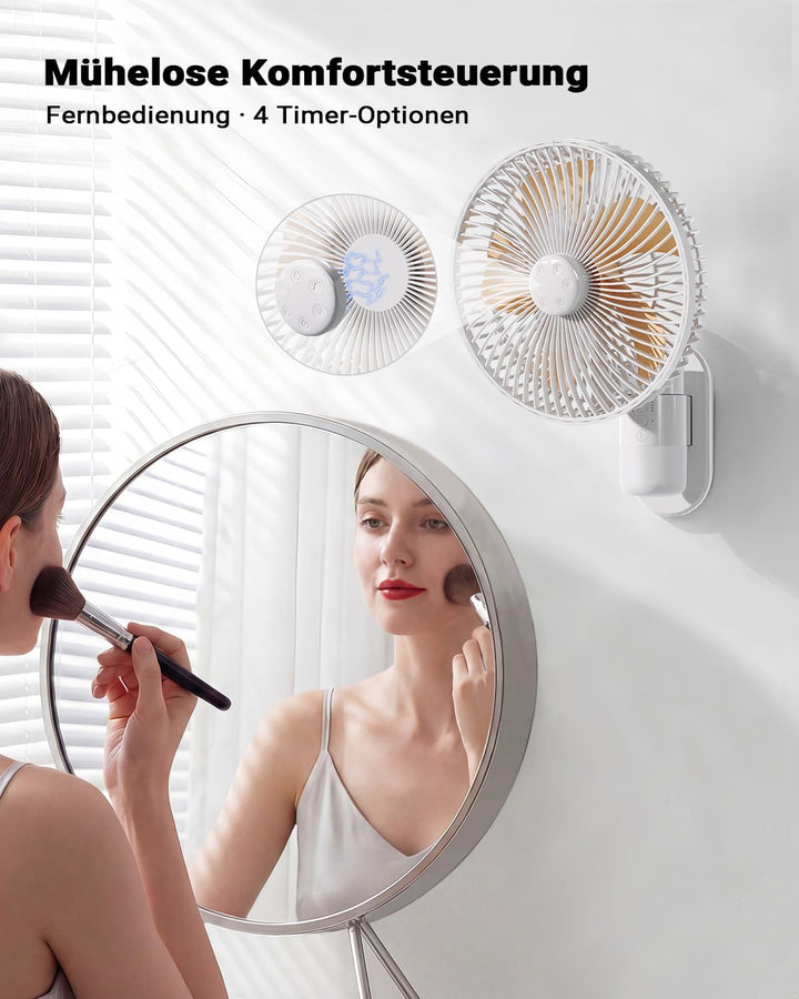 26 cm Wandventilator mit Licht & Fernbedienung für kleine Räume, 30 dB leise, 5,2 m/s Luftstrom, Tim