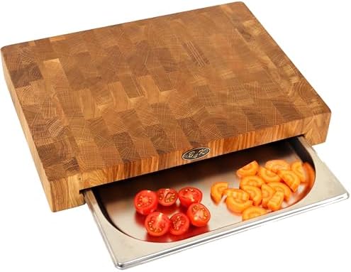 B4K® Profi-Küchenbrett-Set aus Eiche – Stirnholz Schneidebrett 40×30×6 cm mit Auffangschale + Hackbl