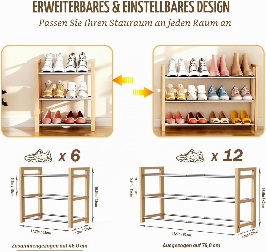 LEMIKKLE Schuhregal Holz Eiche 3-stöckig, Erweiterbar Mit Edelstahl-Elementen, Ideal Für Enge Räume,