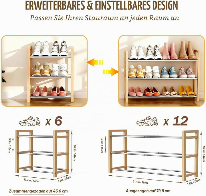 LEMIKKLE Schuhregal Holz Eiche 3-stöckig, Erweiterbar Mit Edelstahl-Elementen, Ideal Für Enge Räume,