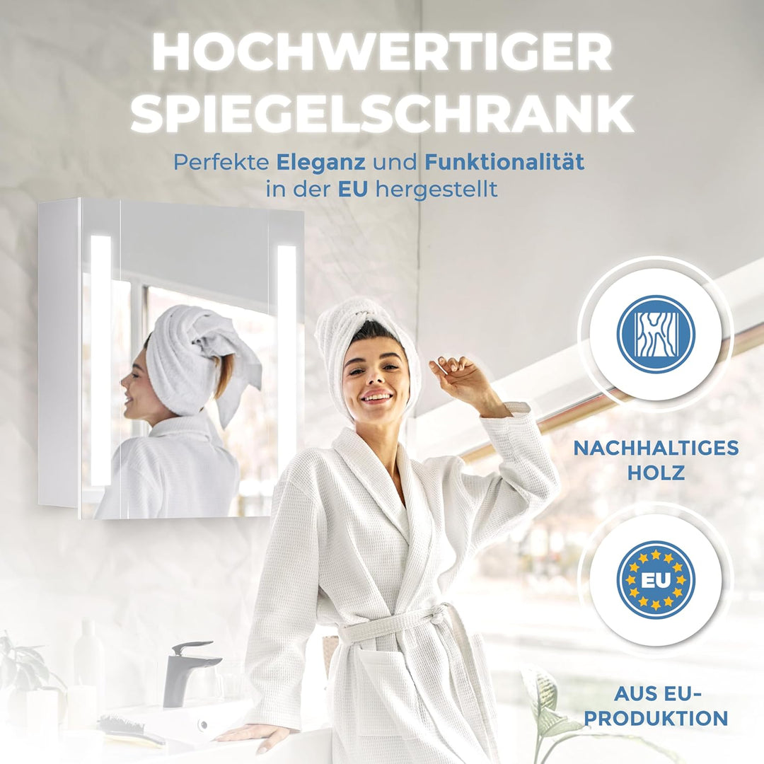 HAPA Design Bad Spiegelschrank mit Beleuchtung und Steckdose Venedig. Austauschbare LED Beleuchtung