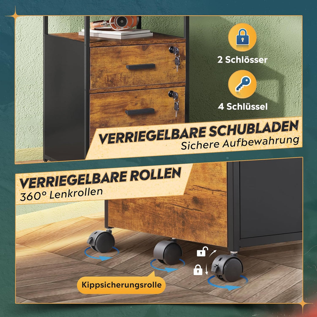 DEVAISE Rollcontainer mit 2 Schubladen und offenen Ablagen, Mobiler Aktenschrank mit Rollen, Drucker