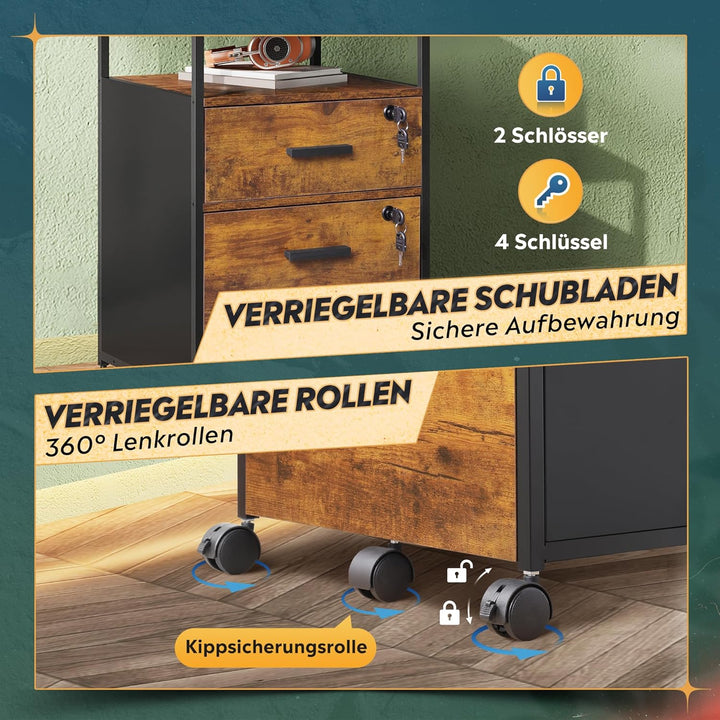 DEVAISE Rollcontainer mit 2 Schubladen und offenen Ablagen, Mobiler Aktenschrank mit Rollen, Drucker
