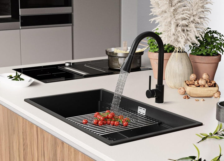 Spülbecken Schwarz 76x47 cm, Granitspüle + aufrollbare Abtropffläche + Ablauf-Set, Küchenspüle für 8