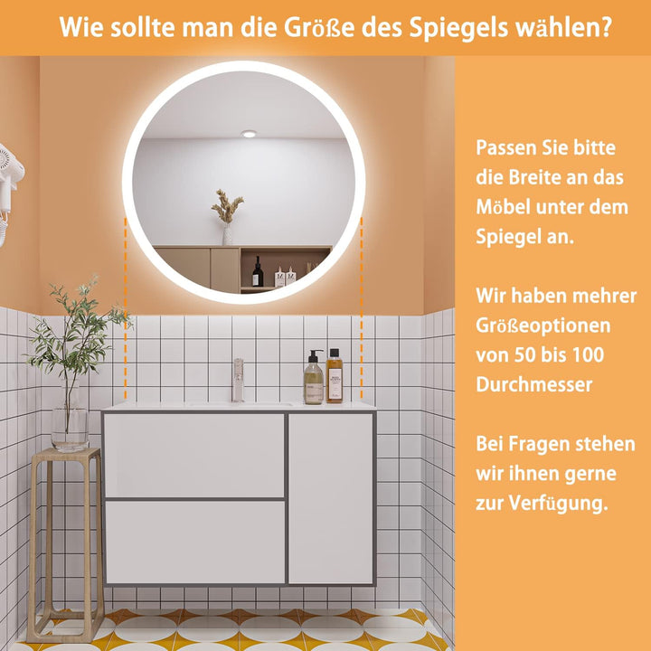Aica Sanitär Runder LED Badspiegel Rund 80cm 3 Lichfarbe dimmbar Memory Wand/Touchschalter Anti-Besc