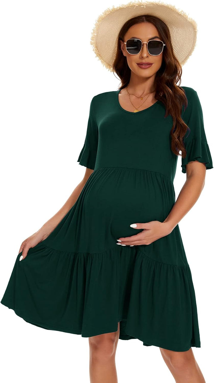 Smallshow Damen Umstandskleid Kurzarm Sommer Schwangerschafts Umstandsmode Kleid L Dunkel Grünen, L