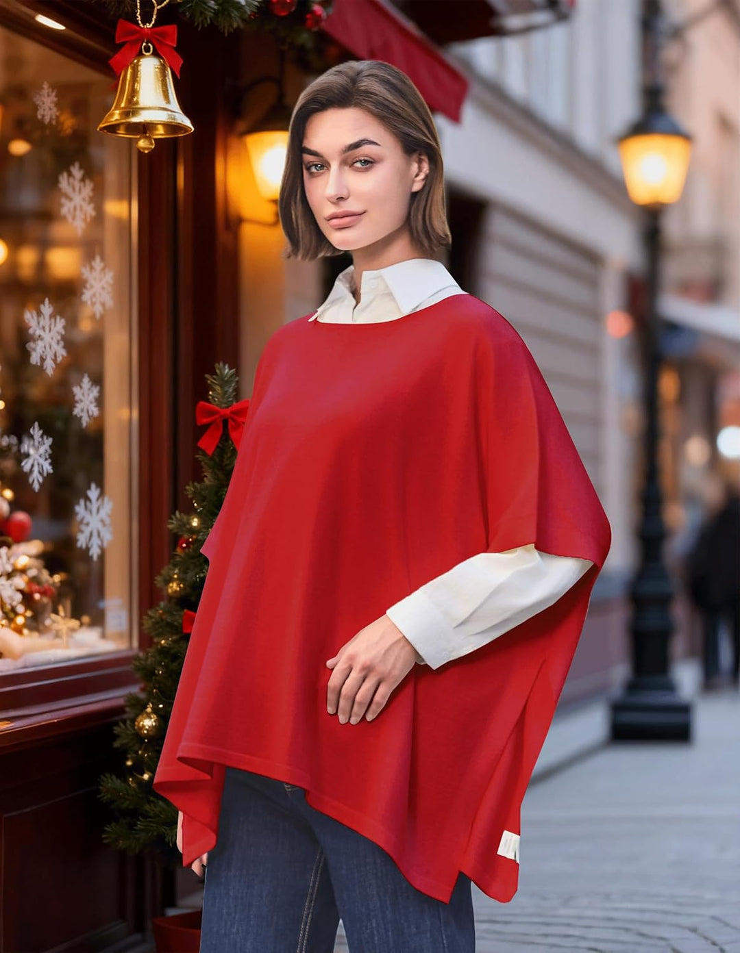 PULI Damen Pullover Poncho Elegant Viskose Strick Locker sitzend Poncho Schal Einheitsgrösse Rot, Ei