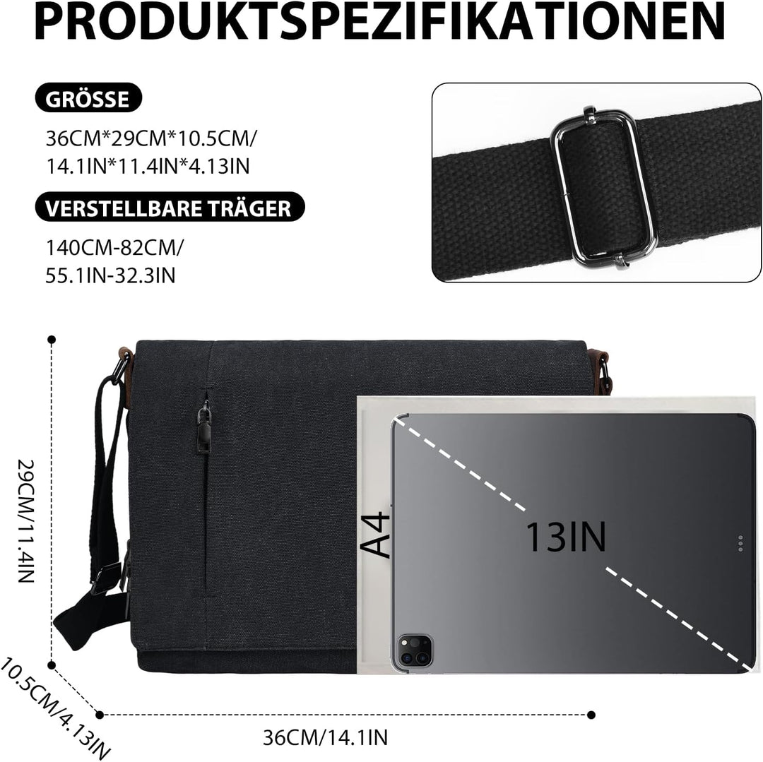 Leathario Umhängetasche Herren 14 Zoll, Messenger Bag aus Echtleder und Canvas, Arbeitstasche Studen