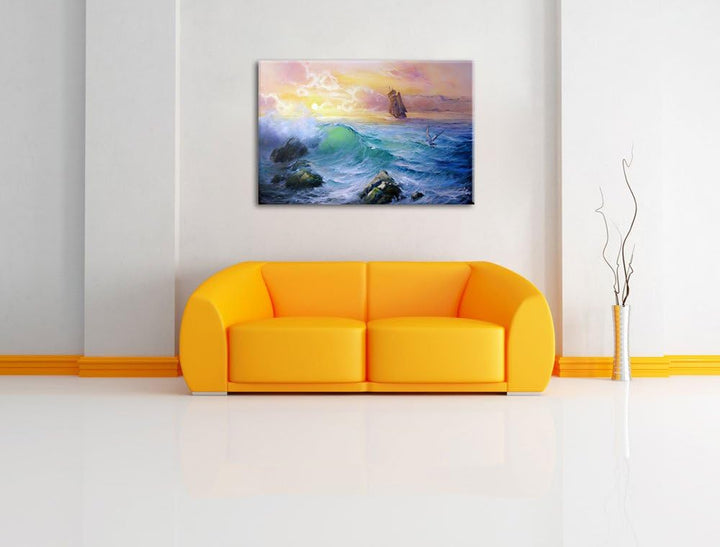 Sturm überm Meer Kunst Format: 100x70 auf Leinwand, XXL riesige Bilder fertig gerahmt mit Keilrahmen