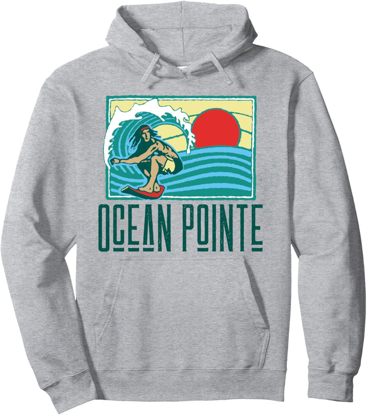 Ocean Pointe Hawaii Vintage Surfer & Wave Retro Graphic Pullover Hoodie