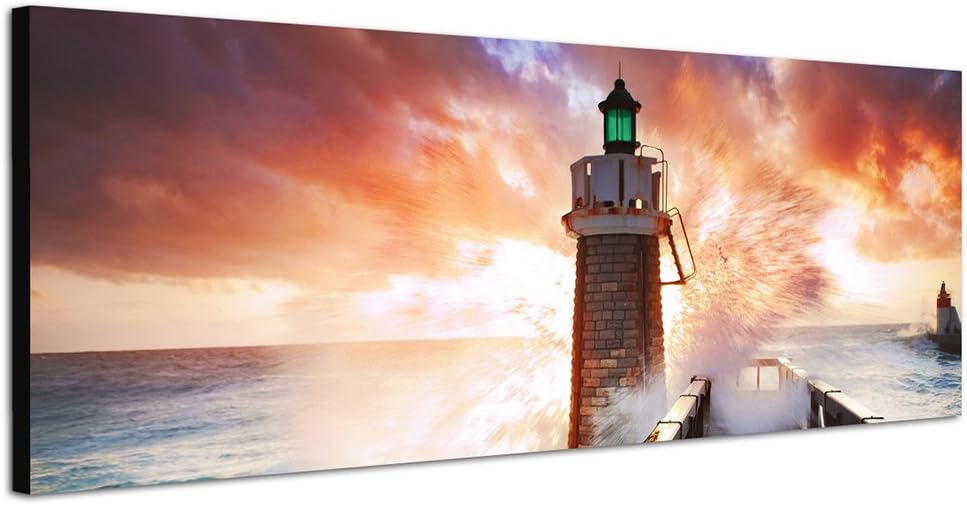 Paul Sinus Art Panoramabild auf Leinwand und Keilrahmen 150x50cm Meer Welle Leuchtturm Steg Wolkenhi