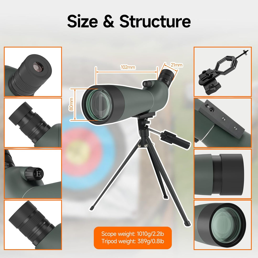 Svbony SV28 Spektiv mit Stativ 20-60x80, Spektiv Vogelbeobachtung Handy Adapter, BAK4 Prisma P65 Was