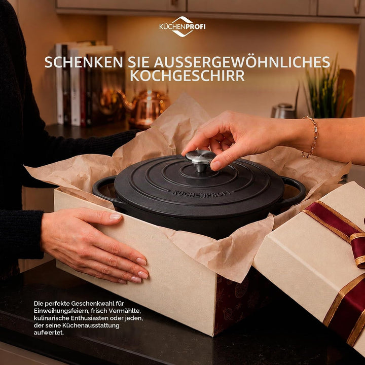 Küchenprofi Gusseisen Bräter mit Deckel, schwarz, 26 cm, Schmortopf, Auflaufform, Dutch Oven, Brotba