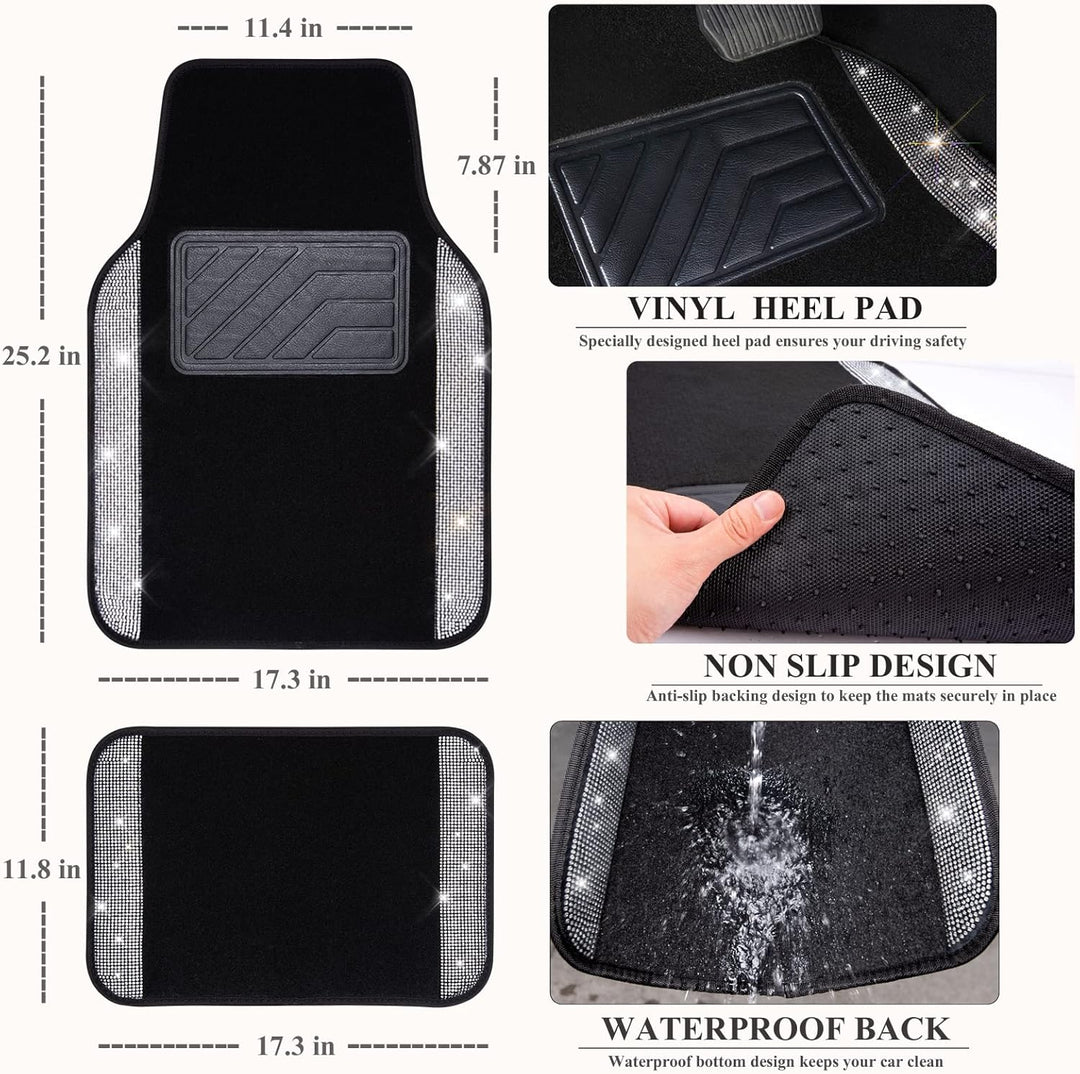 CAR PASS Universal Fit Glorious Strass-Teppich und Leder, komplettes Set, 4-teilig (schwarz und silb