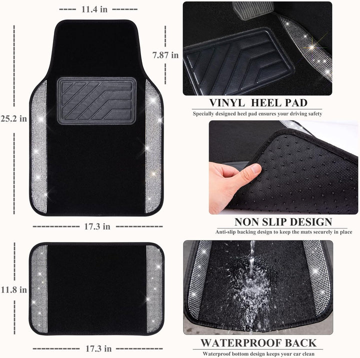CAR PASS Universal Fit Glorious Strass-Teppich und Leder, komplettes Set, 4-teilig (schwarz und silb