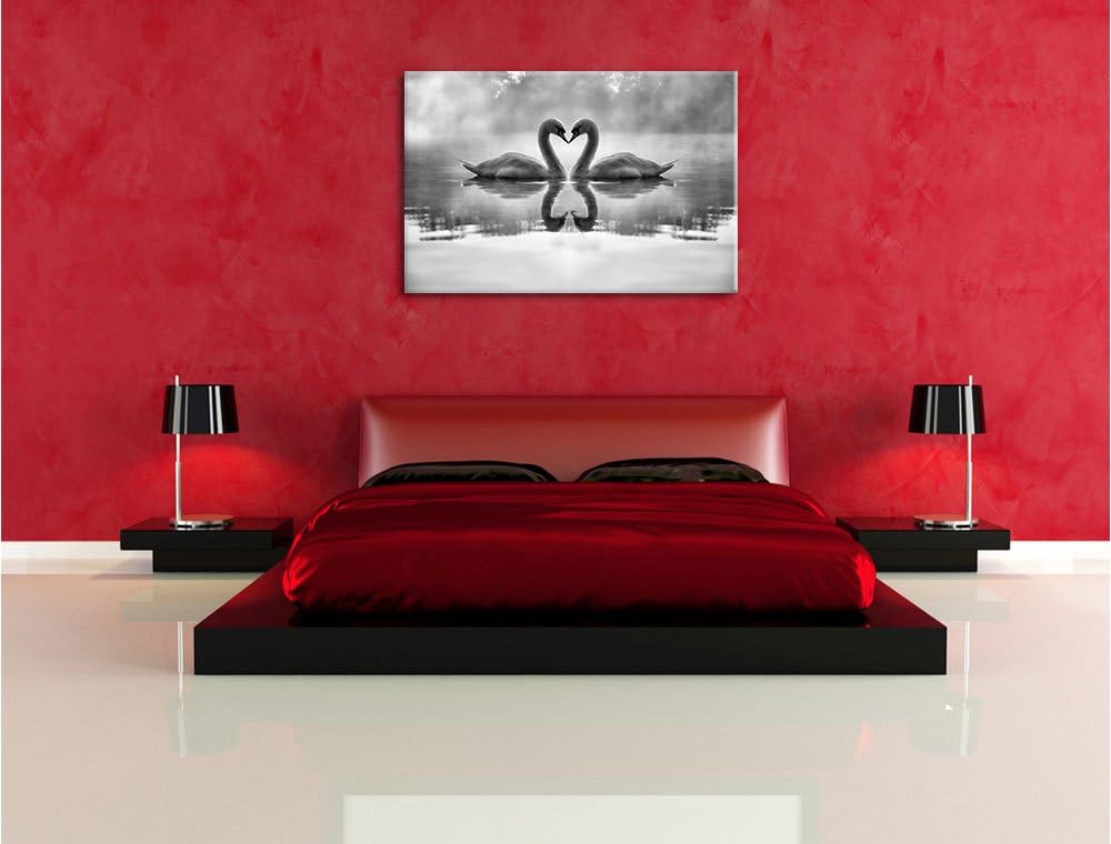 Pixxprint Monocrome, Verliebte weisse Schwäne im Morgengrauen, Format: 100x70 auf Leinwand, XXL ries