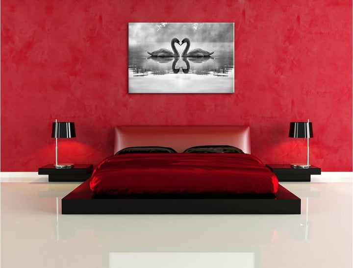 Pixxprint Monocrome, Verliebte weisse Schwäne im Morgengrauen, Format: 100x70 auf Leinwand, XXL ries