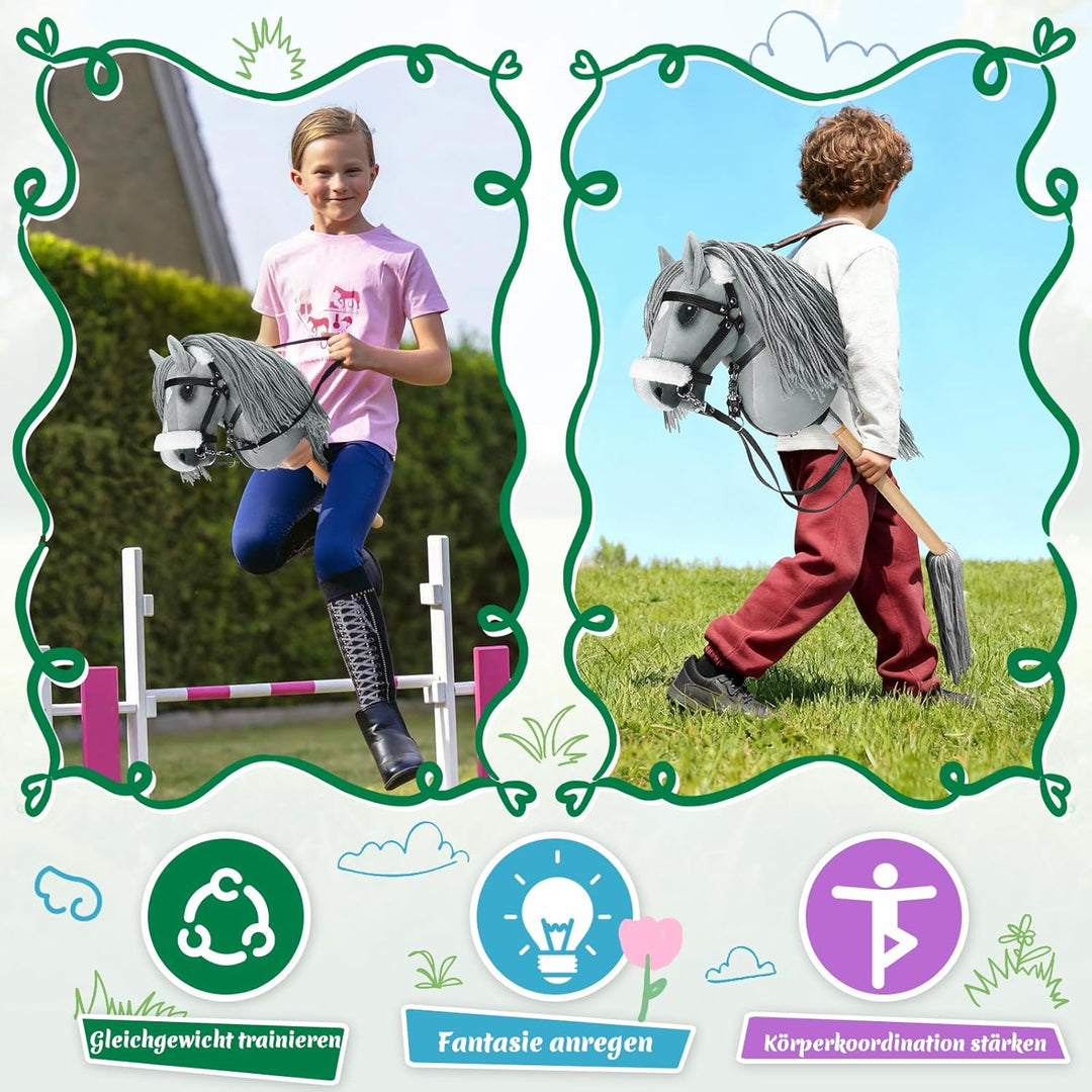 Hobby Horse, A3 Kopfgrösse Steckenpferd Kinder, Hobby Horsing mit Weichem Plüschhalfter, Fliessendem